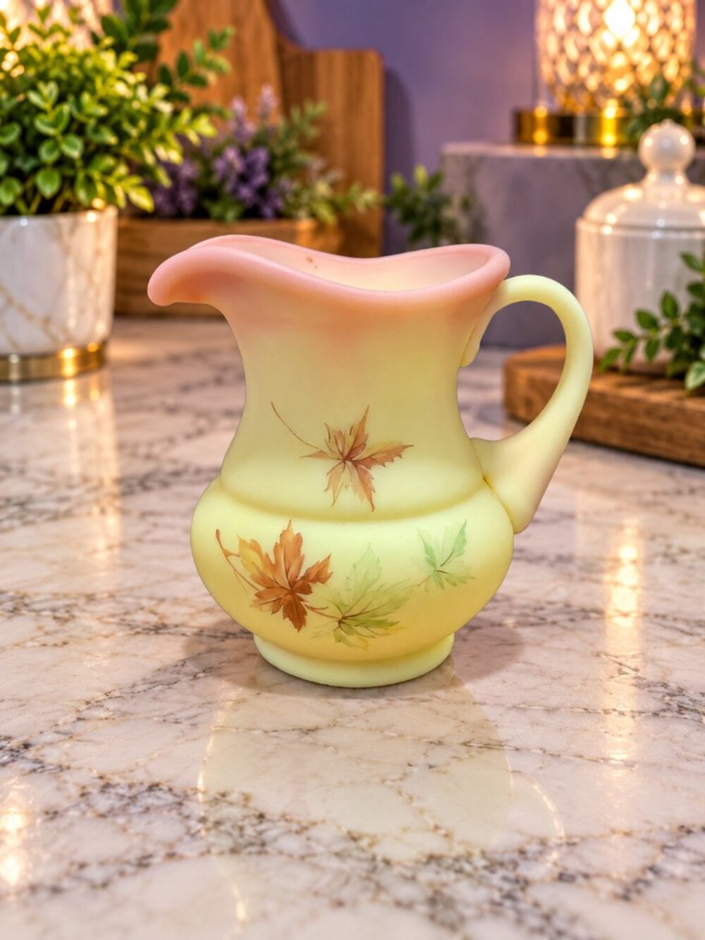 Vintage 1970s Fenton Uranium Burmese Glass Pitcher / Creamer